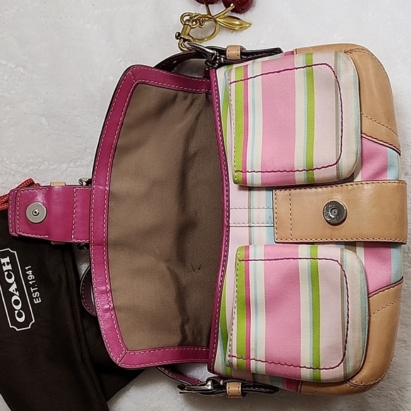 Coach Y2K Soho Hampton Pastel Stripe Leather Trim Flap Shoulder Bag Barbiecore - Picture 11 of 16